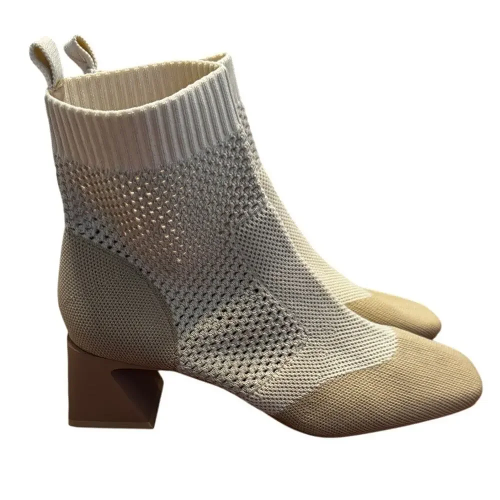 Vivaia Melissa Perforated Knit Sock Ankle Boots EU 40 US 9 Beige Square Toe